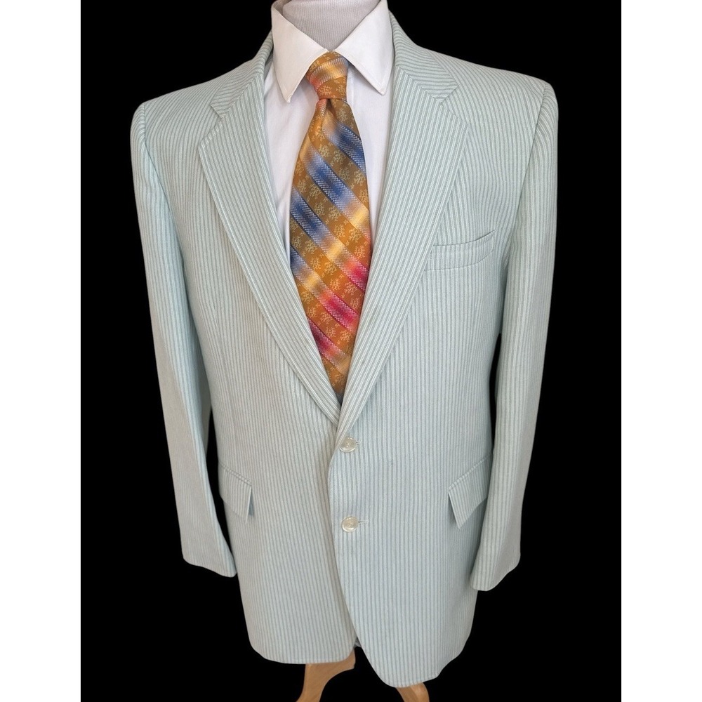 70's VTG Green White Stripe Polyester Blazer Sport Coat Jacket Saxony Hall 44R